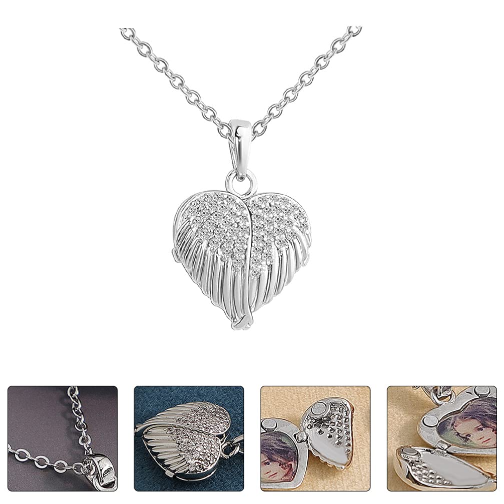 Locket Necklace Heart Shaped Angel Wing Photo Locket Necklace Memory Pendant with Personalized Picture Creative Neck Chain for Women Men, Silver