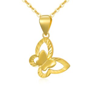 18K Yellow Gold Butterfly Necklace for Women, Real Gold Chain Shiny Pendant Anniversary Birthday Jewelry Gift for Her, Wife, Mom, 16"-18"