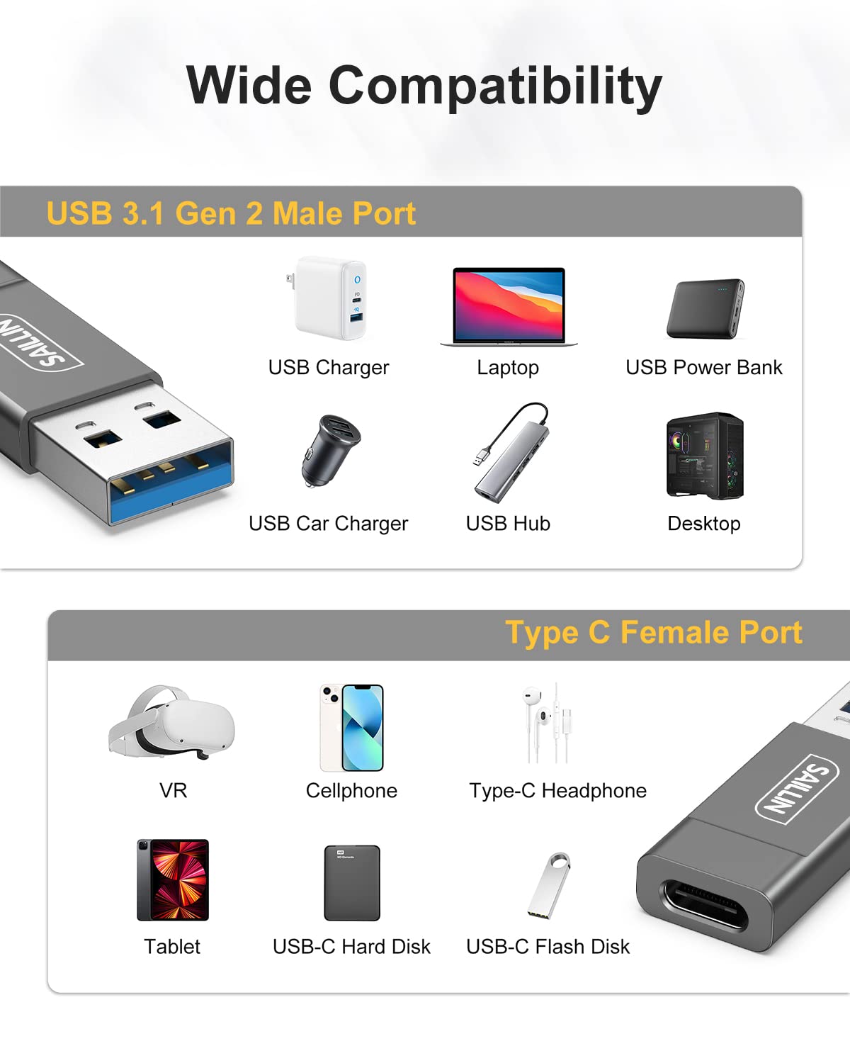 10Gbps USB C Female to USB Male Adapter 2 Pack, SAILLIN Zinc Alloy Double-Sided USB A to USB C Adapter with High-Speed Data Transfer & Stable Charging for Laptop, Charger, Power Bank, Quest Link- Grey