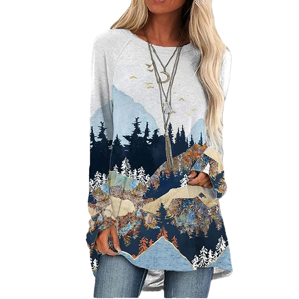 Mayntop Womens Tops Shirt Ethnic Boho Pine Tree Forest Mountain Landscape Graphic Pattern Print Long Sleeve Loose Blouse(B White,S)