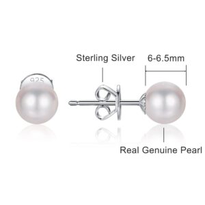 Pearl Stud Earrings for Women 925 Sterling Silver Sensitive Genuine 6mm White Real Round Freshwater Cultured Pearls Everyday Earrings Studs Ladies