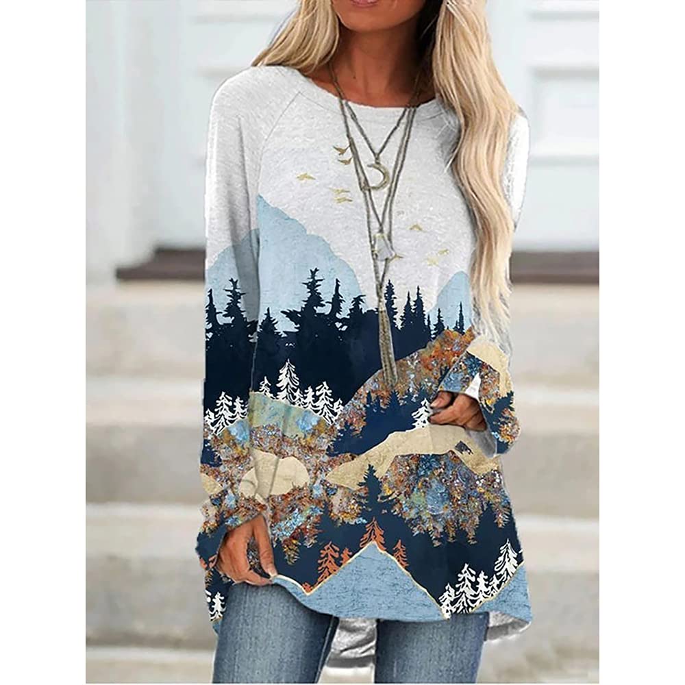 Mayntop Womens Tops Shirt Ethnic Boho Pine Tree Forest Mountain Landscape Graphic Pattern Print Long Sleeve Loose Blouse(B White,S)