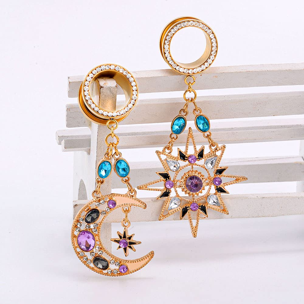 TBOSEN 3 Pairs Gold Dangle Charms Stars Moon Styles Screw Ears Tunnels Gauges Crystal Earrings Expanders Piercing Jewelry Fashion Gift 2g-5/8 in 6mm-16mm