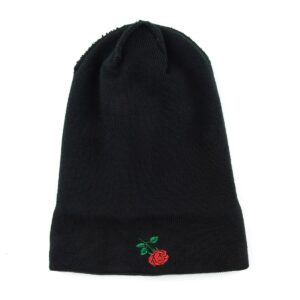 AUNG CROWN Beanie Rose Embroidered Knit Hats Caps for Men Women Black (Beanie) (Beanie-Fold)