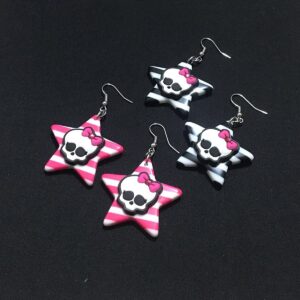 Acrylic Skeleton Star Earrings Colorful Striped Pentagram Skeleton Dangle Drop Earrings Personality Halloween Skeleton Head Butterfly Pentagram Earrings for Women (Black)