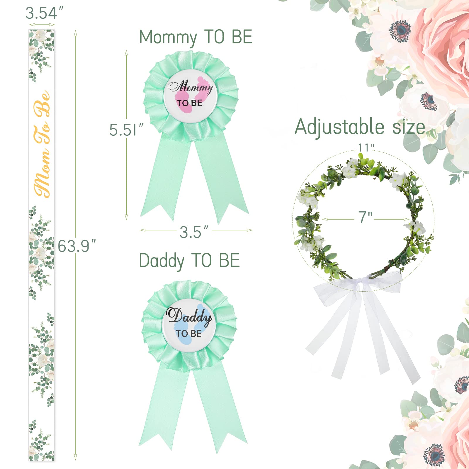 4 Pieces Flowers Leaves Mom to Be Sash Neutral Sage Green Crown Kit Include Gold Glitter Letters Sash, Mom to Be & Dad to Be Corsage and Headband Keepsake Decoration (Leaf Style)