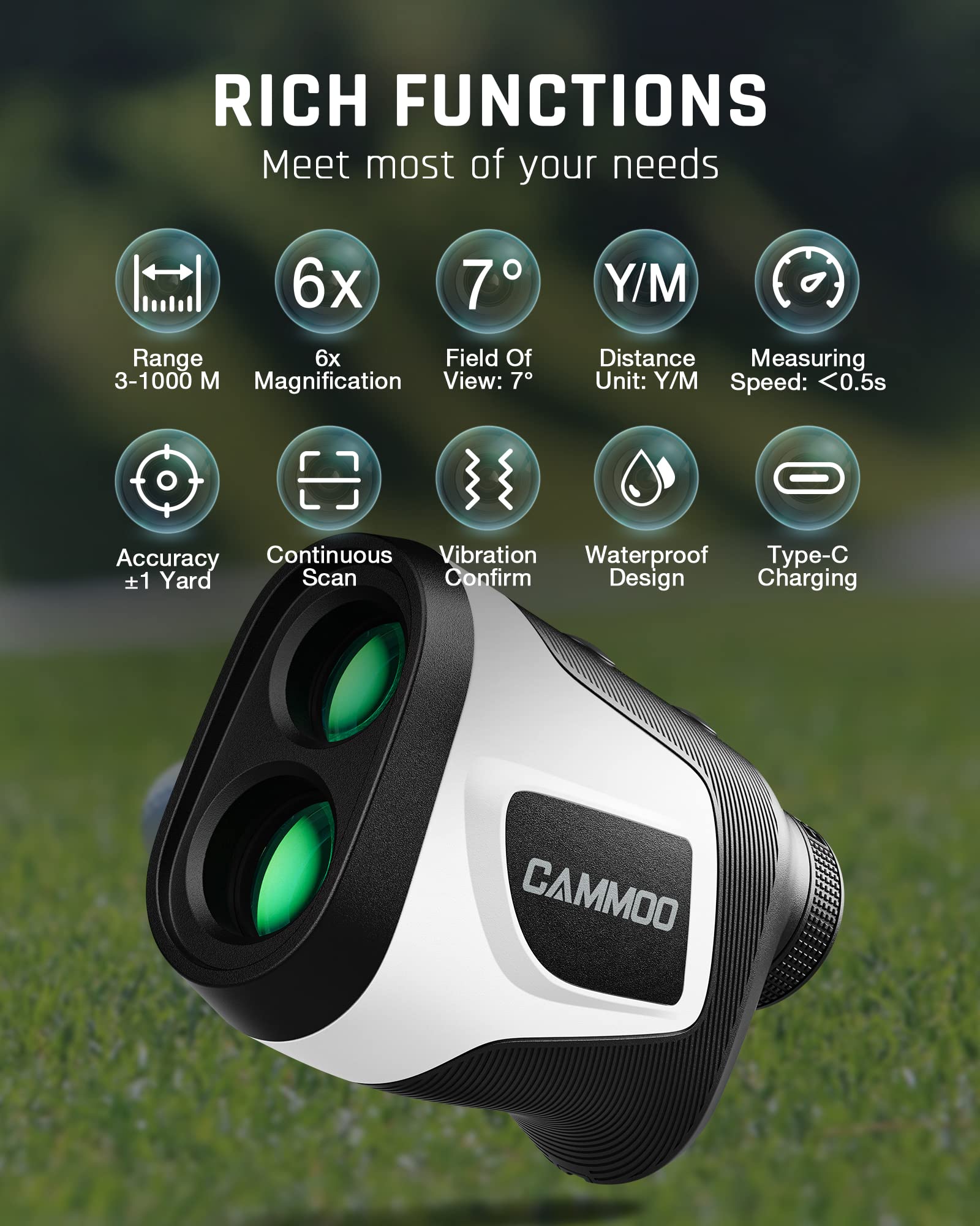 CAMMOO Golf Hunting Rangefinder with Slope, 1100Y Range Finder Golfing with 5 Mode, 6X Magnification, USB Charging, Clear&Accurate Measurement,Vibration Alert, for Hunting,Golfing, Measurement - M1000