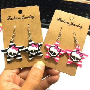 Acrylic Skeleton Star Earrings Colorful Striped Pentagram Skeleton Dangle Drop Earrings Personality Halloween Skeleton Head Butterfly Pentagram Earrings for Women (Black)