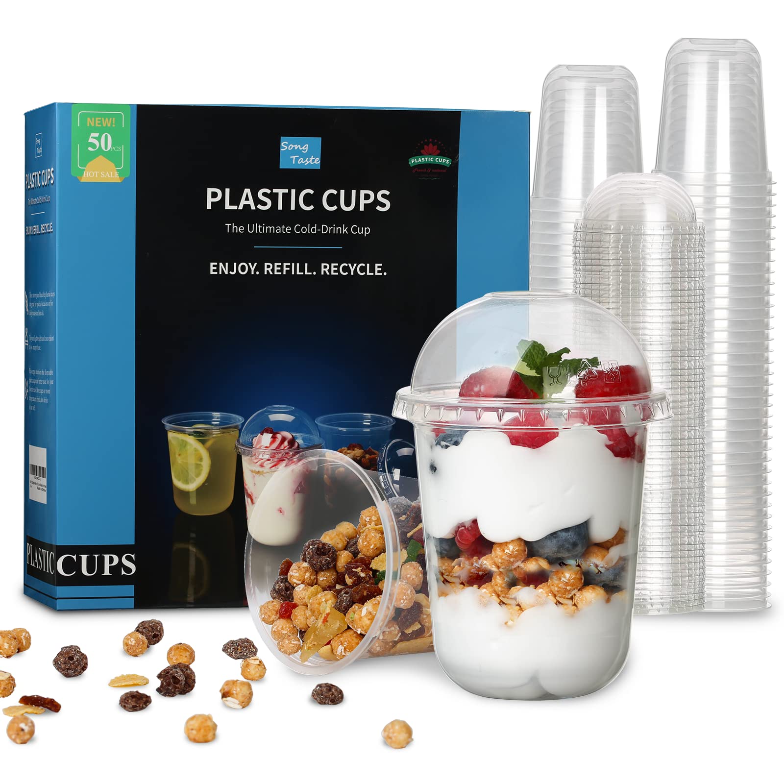 Songtaste 50 Pcs Disposable Plastic Cups,12 Oz Clear Plastic Parfait Cups with Dome Lids and No Hole,Dessert Yogurt Fruit Cups for Kids,Take Away Breakfast and Snacks,Cold Drinks,Ice Cream,Fruit Iced