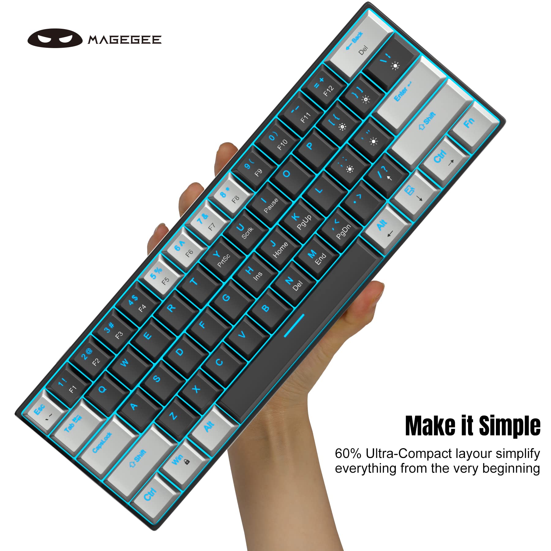 MageGee 60% Mechanical Keyboard with Red Switches and Sea Blue Backlit Small Compact Portable 60 Percent Gaming Keyboard Gamer(Grey Black)