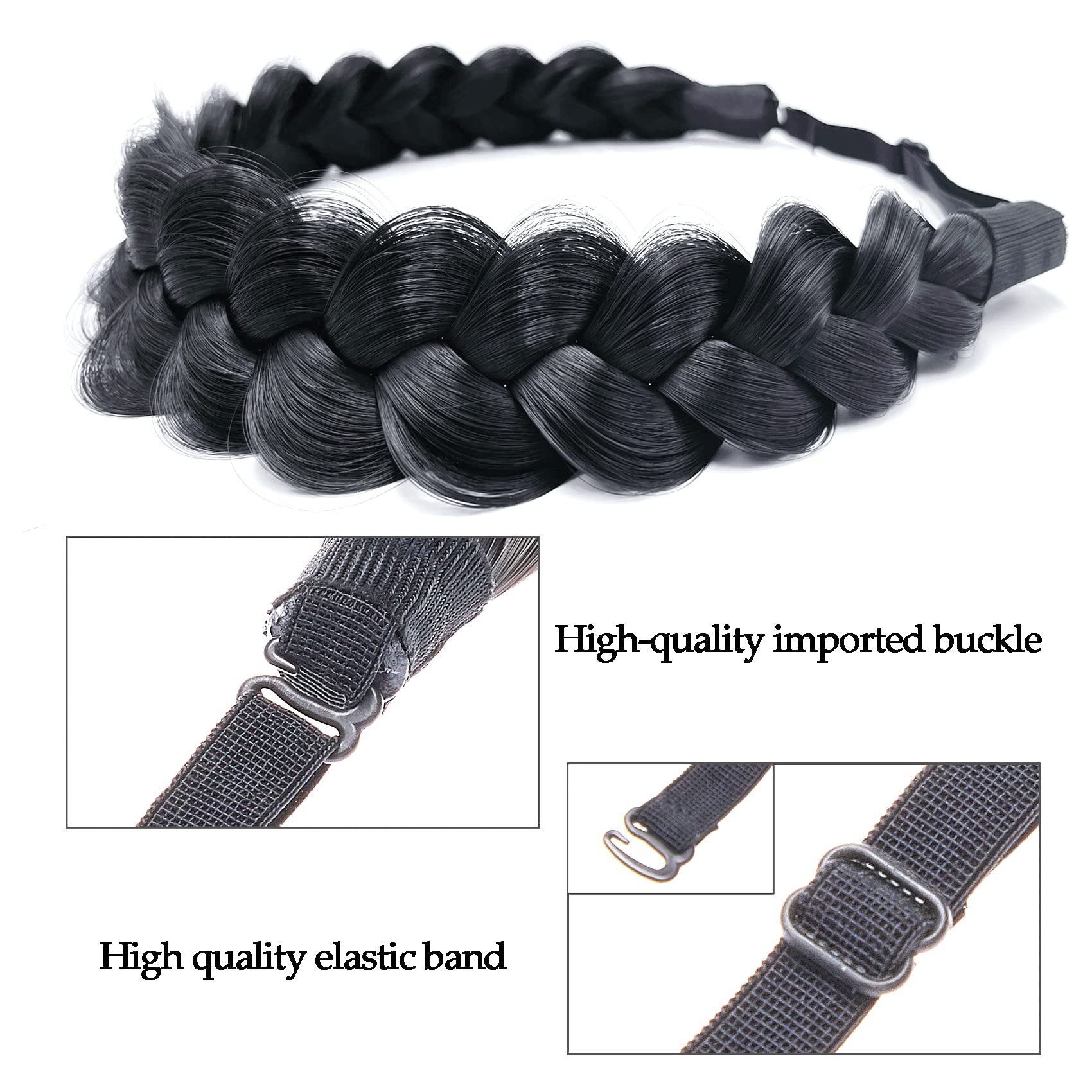 STHEJFB Braid Headband 2 3 Strands combinations Messy Wide Chunky Fluffy Elastic Stretch Hairpiece Braided Headband Women Girl Beauty accessory (Black 1B)