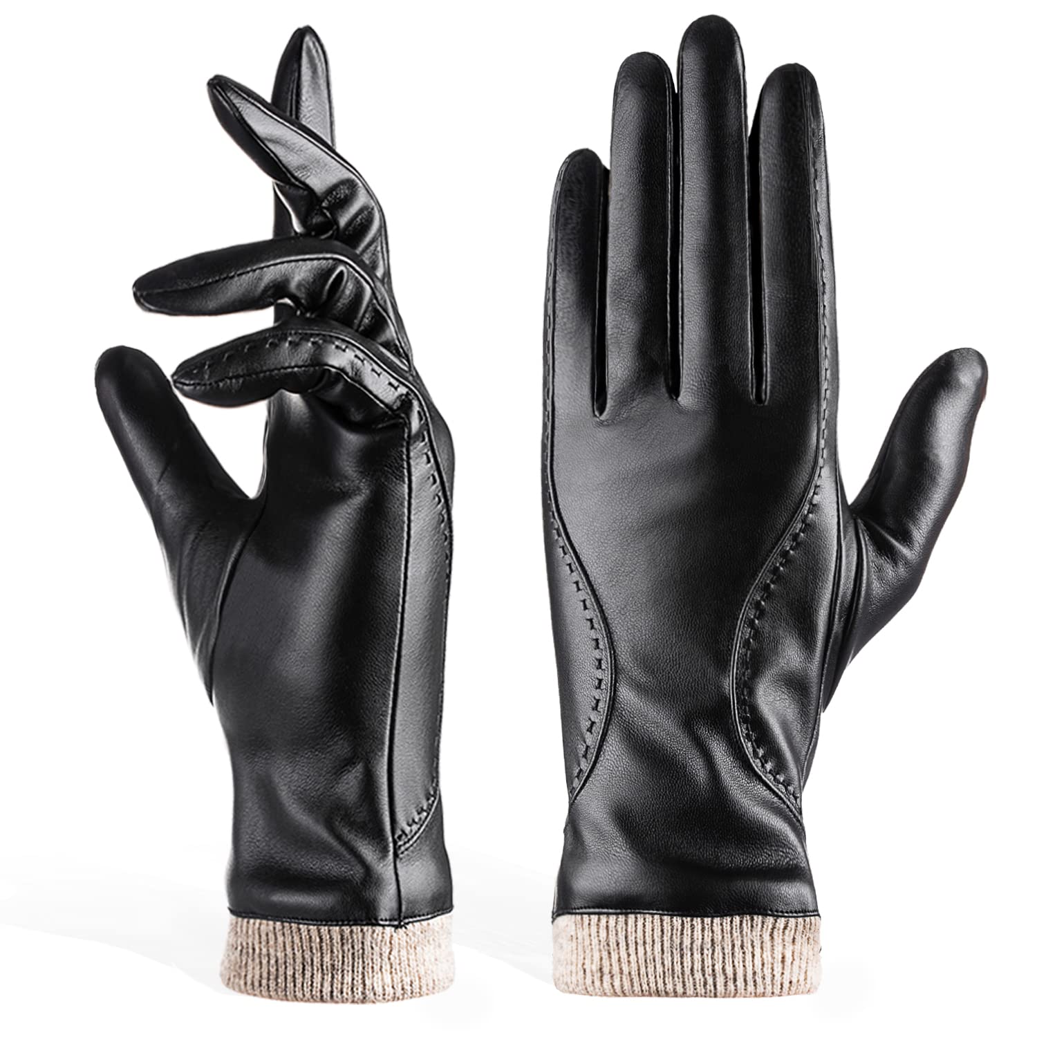 REDESS Womens Winter Leather Gloves Touchscreen Texting Driving Gloves With Warm Wool Lining/M