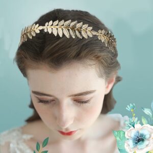 SAILIMUE 6Pcs Greek Goddess Costume Accessories Set Women Golden Laurel Leaves Crown Tiara Leaf Headband Armband Coil Bracelet Pearl Leaf Dangle Earring Bridal Hair Comb Wedding Headpiece Toga