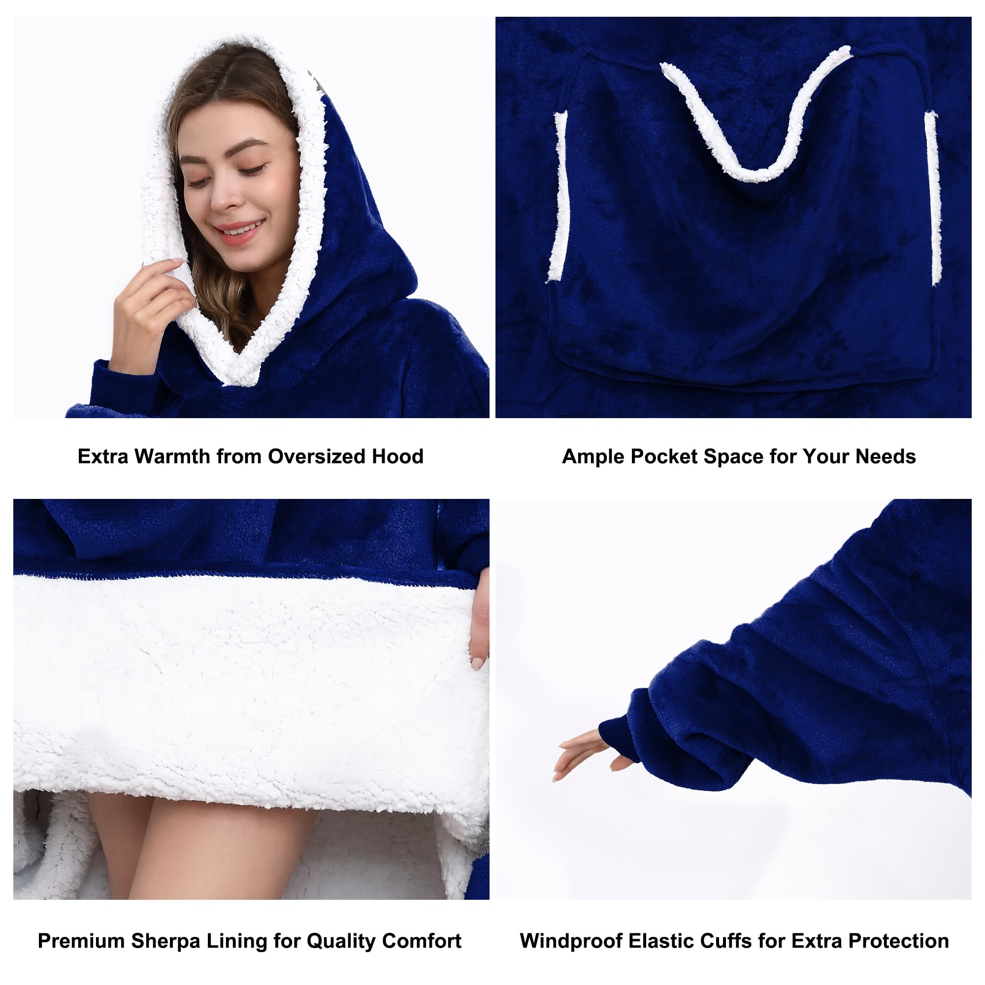 Convend Oversized Wearable Blanket Hoodie with Giant Pocket (Pet Favorites),Blanket Sweatshirt for Women and Men,Thick Flannel Blanket with Sleeves (Navy)