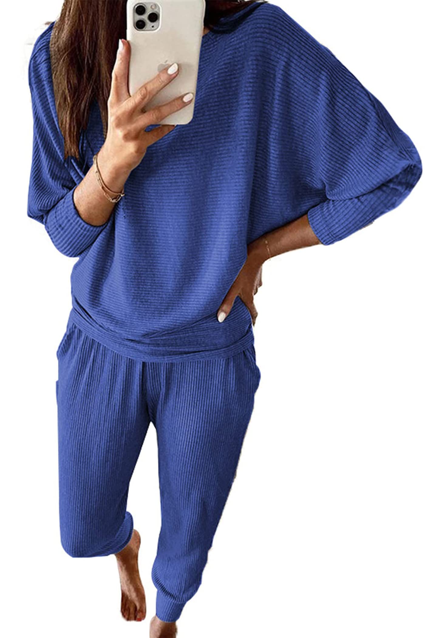 PRETTYGARDEN Women's 2024 Fall Fashion Outfits 2 Piece Sweatsuit Solid Color Long Sleeve Pullover Long Pants (Blue,Medium)