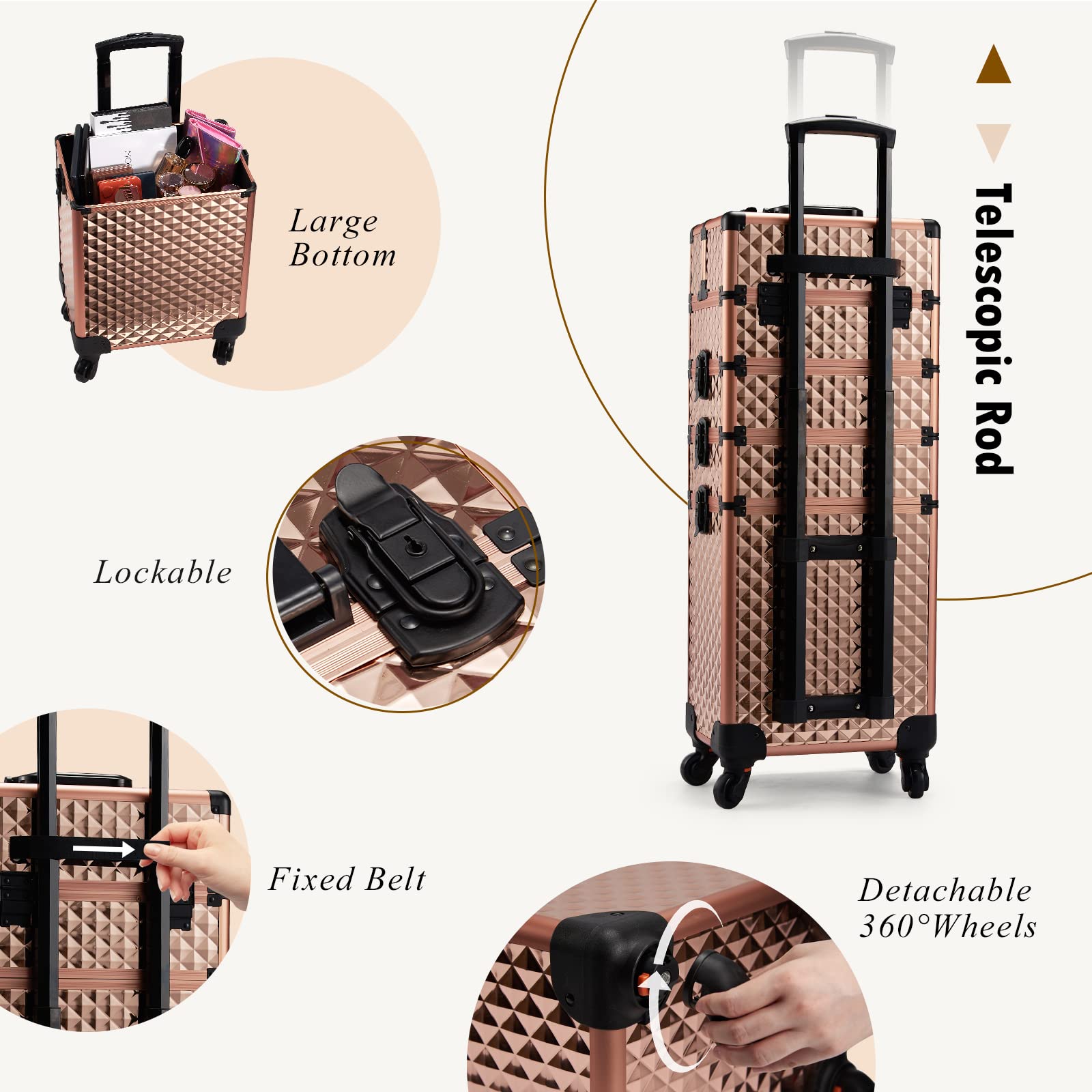 Adazzo 4 in 1 Rolling Makeup Case Cosmetic Train Case Trolley Roll Travel Box for Makeup Artist, Hairstylists, Nail Tech Makeup Cart with Key Swivel Wheels Barber Case Traveling Trunk Rose Gold