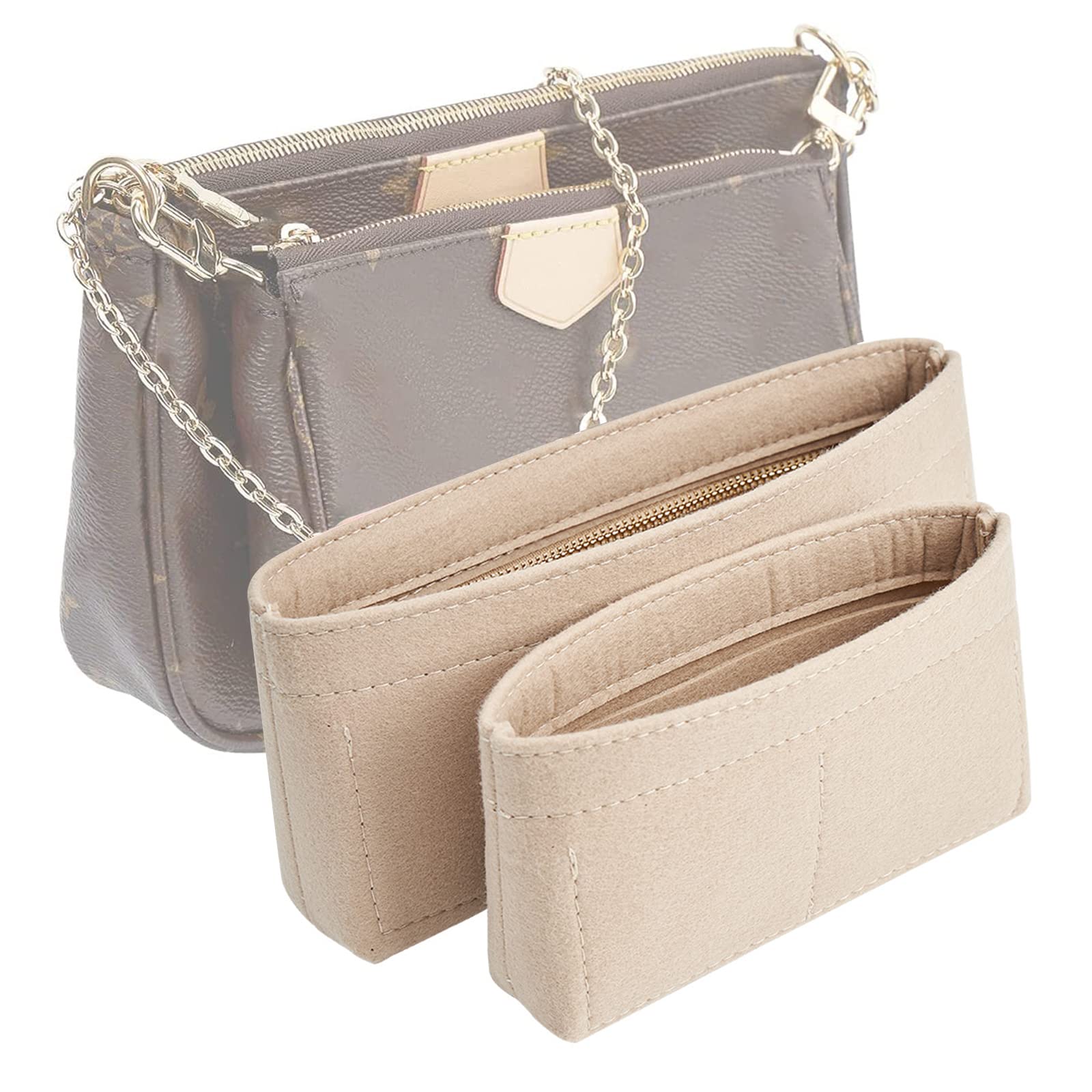 Vercord Felt Purse Organizer Insert Pochette Handbag Insert Bag in Bag for Multi Pochette Accessories Add Zipper Pocket Beige