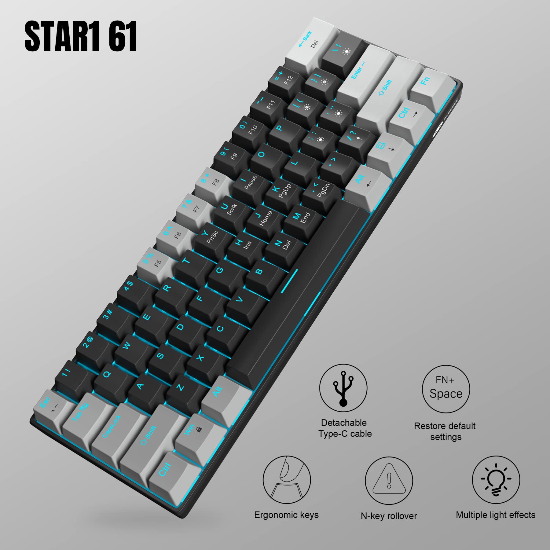 MageGee 60% Mechanical Keyboard with Red Switches and Sea Blue Backlit Small Compact Portable 60 Percent Gaming Keyboard Gamer(Grey Black)