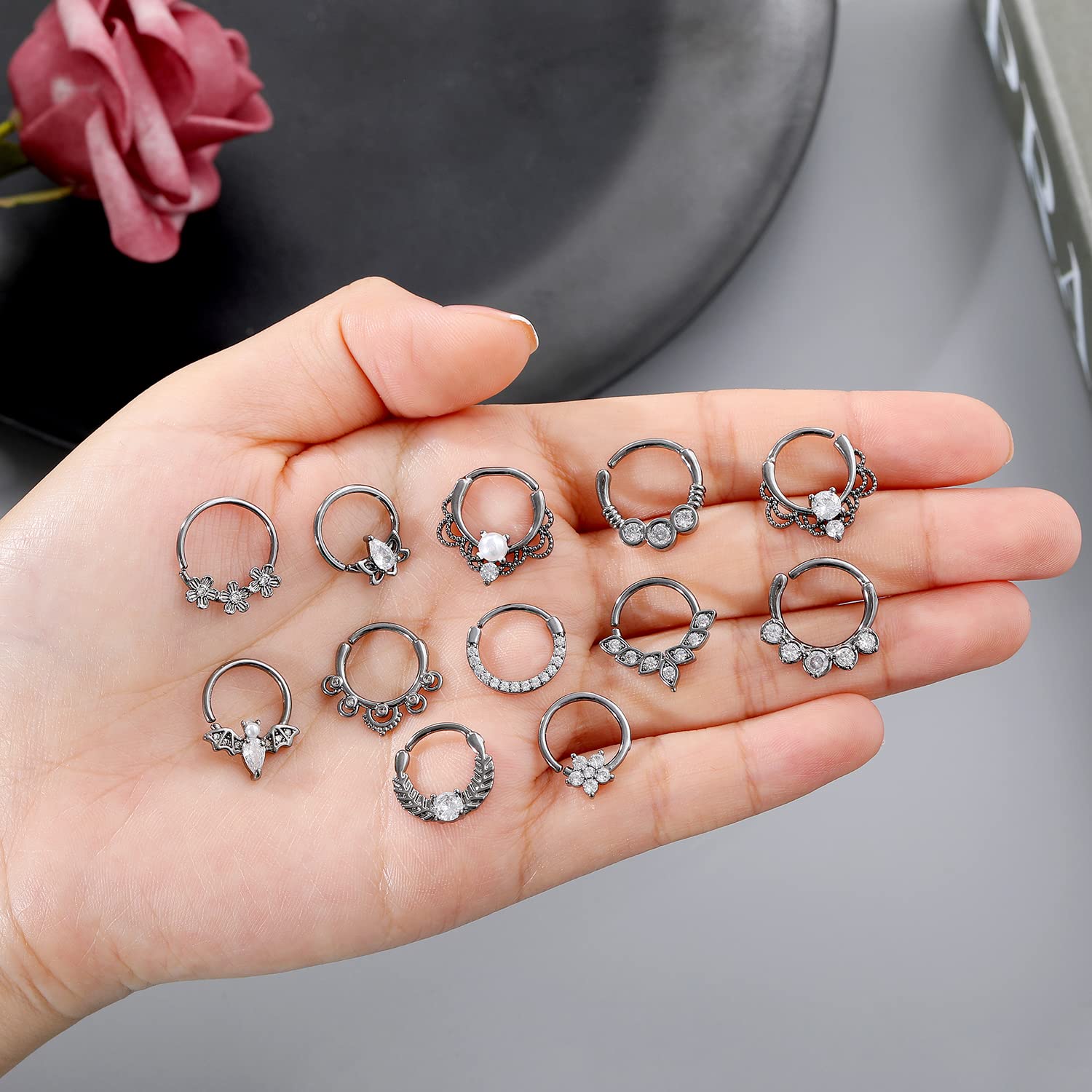 TOSGMY 12 PCS Septum Jewelry Daith Earrings Surgical Steel Septum Clicker Ring Helix Cartilage Tragus Piercing Jewelry Silver Rose Gold Black Nose Rings Hoops Hinged Hoop Earrings 8MM 10MM