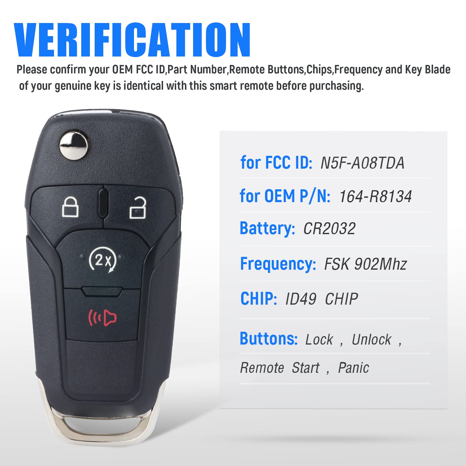 Keymall Flip Key Fob Keyless Entry Remote Control for Ford F150/F250/F350/F450/F550 2017-2020 for Ford Ranger 2019 2020(FCC ID:N5F-A08TDA P/N:164-R8134) 4 Buttons (Aftermarket)