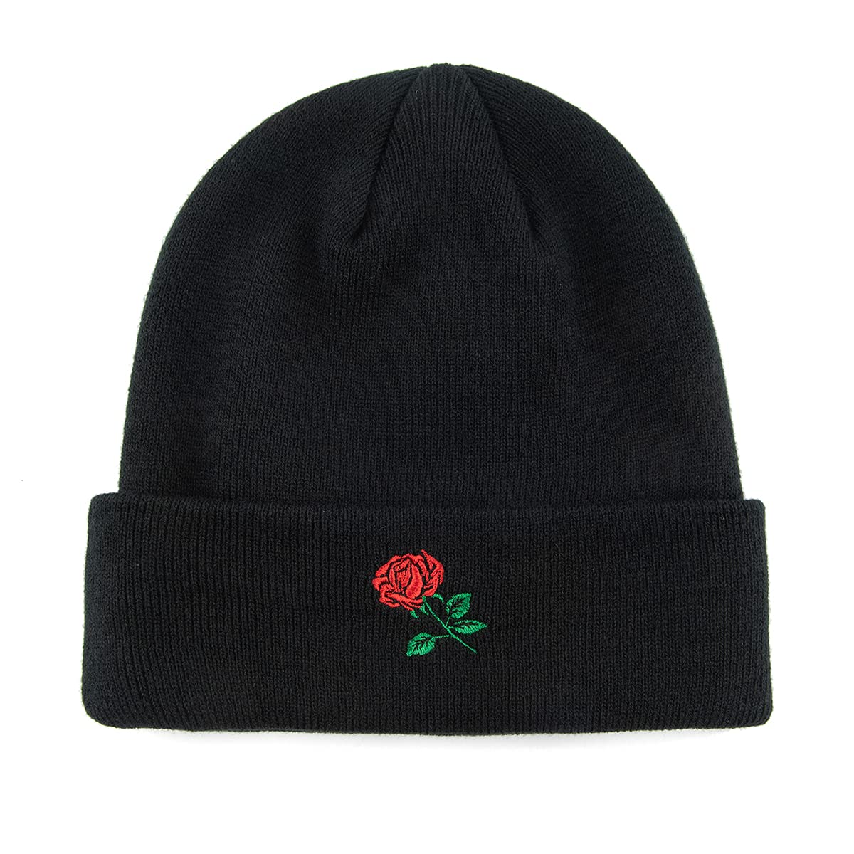 AUNG CROWN Beanie Rose Embroidered Knit Hats Caps for Men Women Black (Beanie) (Beanie-Fold)