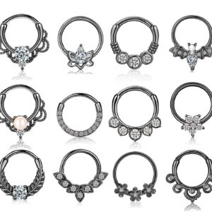 TOSGMY 12 PCS Septum Jewelry Daith Earrings Surgical Steel Septum Clicker Ring Helix Cartilage Tragus Piercing Jewelry Silver Rose Gold Black Nose Rings Hoops Hinged Hoop Earrings 8MM 10MM