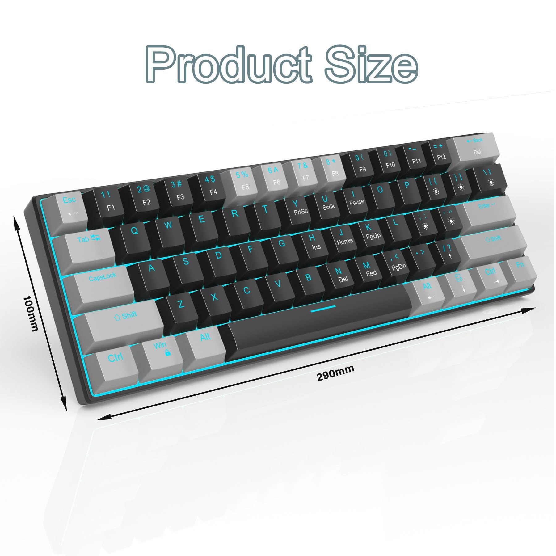 MageGee 60% Mechanical Keyboard with Red Switches and Sea Blue Backlit Small Compact Portable 60 Percent Gaming Keyboard Gamer(Grey Black)