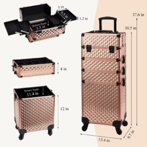 Adazzo 4 in 1 Rolling Makeup Case Cosmetic Train Case Trolley Roll Travel Box for Makeup Artist, Hairstylists, Nail Tech Makeup Cart with Key Swivel Wheels Barber Case Traveling Trunk Rose Gold