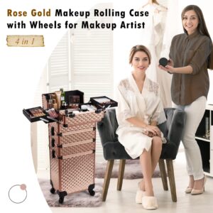 Adazzo 4 in 1 Rolling Makeup Case Cosmetic Train Case Trolley Roll Travel Box for Makeup Artist, Hairstylists, Nail Tech Makeup Cart with Key Swivel Wheels Barber Case Traveling Trunk Rose Gold