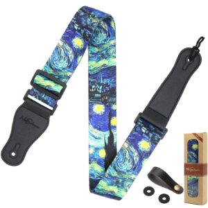 neuschwan van gogh starry night guitar strap, includes 2 silicone strap locks & strap button. adjustable guitar straps for electric/acoustic guitar/bass