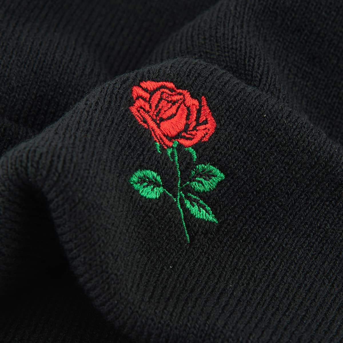 AUNG CROWN Beanie Rose Embroidered Knit Hats Caps for Men Women Black (Beanie) (Beanie-Fold)