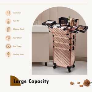 Adazzo 4 in 1 Rolling Makeup Case Cosmetic Train Case Trolley Roll Travel Box for Makeup Artist, Hairstylists, Nail Tech Makeup Cart with Key Swivel Wheels Barber Case Traveling Trunk Rose Gold