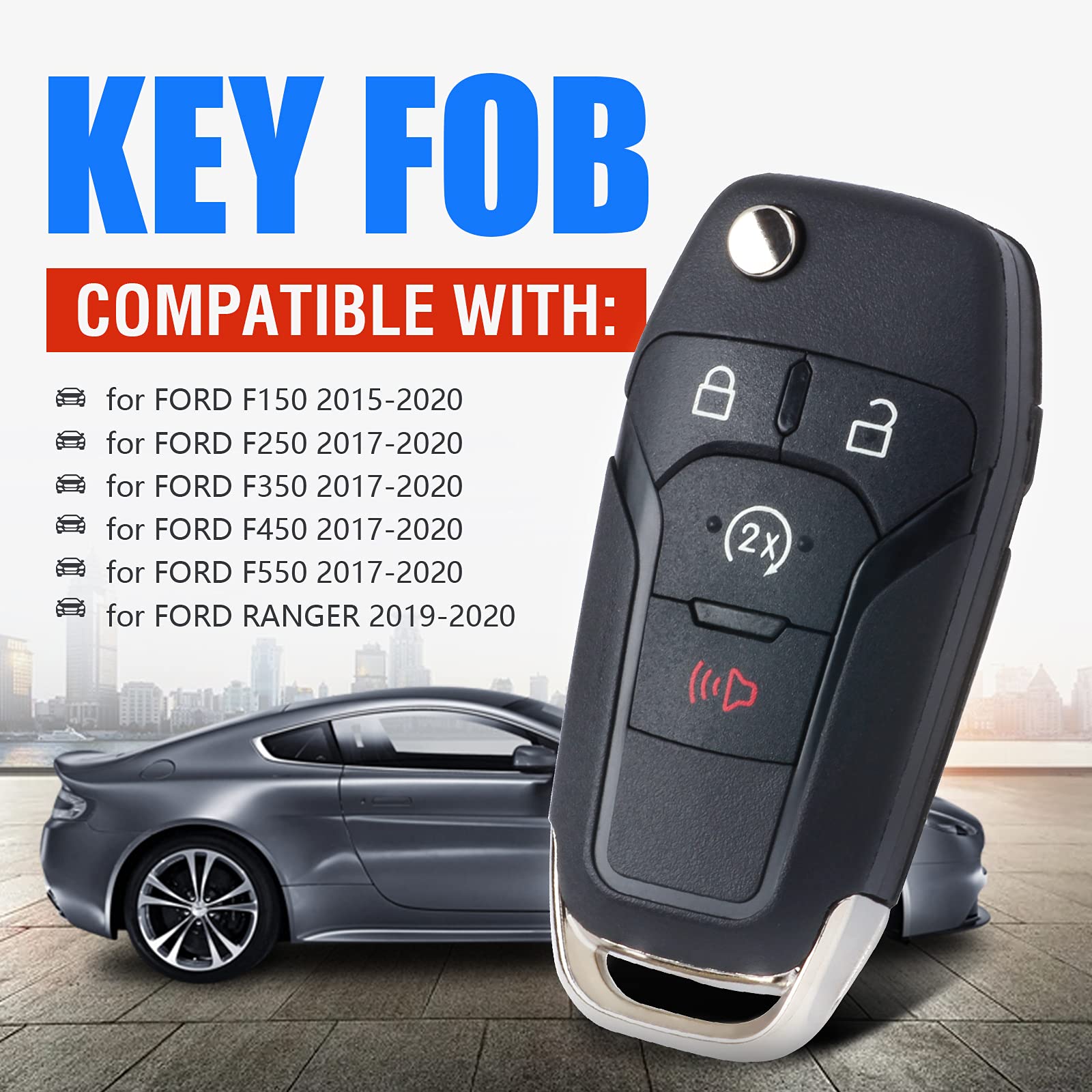 Keymall Flip Key Fob Keyless Entry Remote Control for Ford F150/F250/F350/F450/F550 2017-2020 for Ford Ranger 2019 2020(FCC ID:N5F-A08TDA P/N:164-R8134) 4 Buttons (Aftermarket)