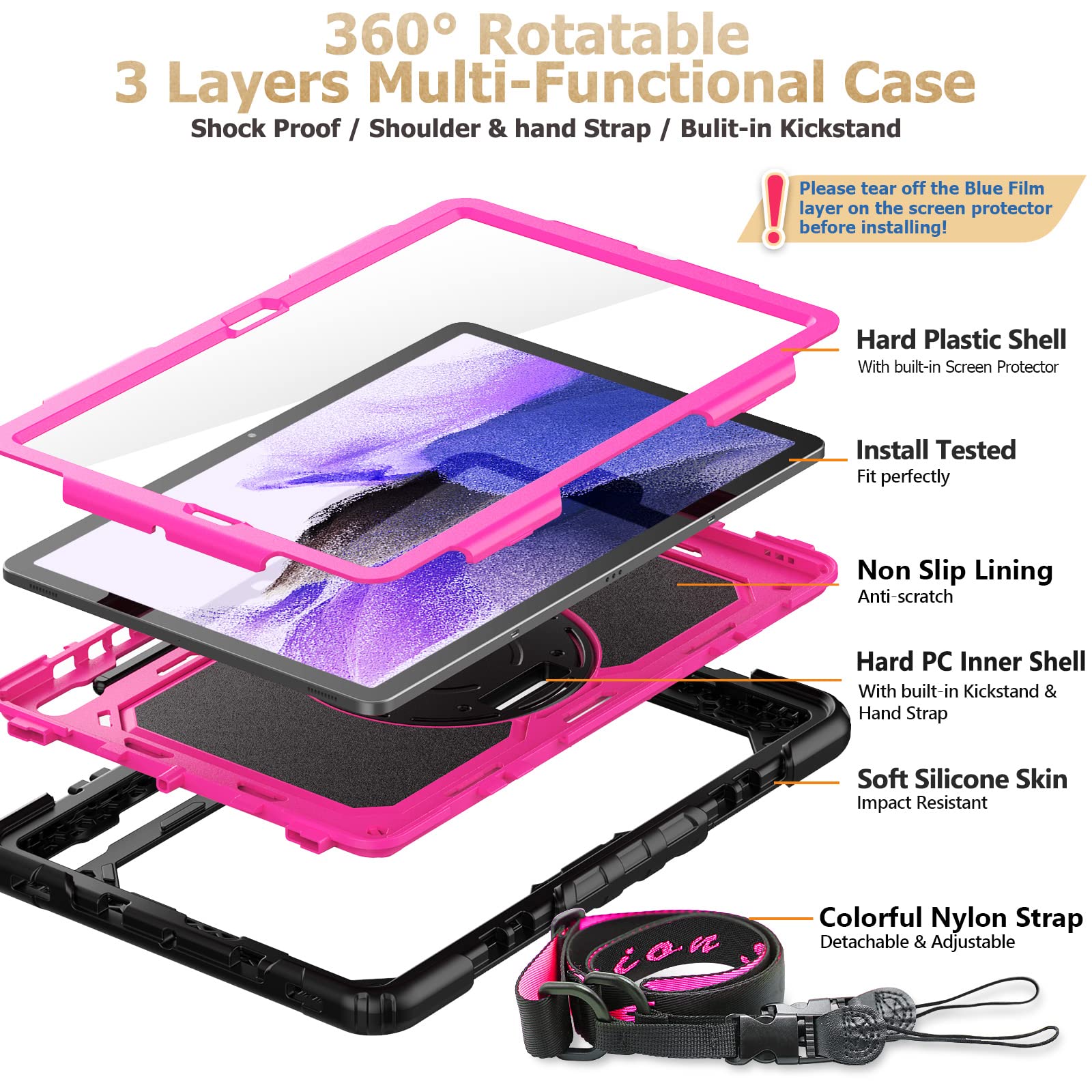 SEYMAC stock Case for Samsung Galaxy Tab S8 Plus/ S7 FE 5G Case 12.4'' with Screen Protector Pencil Holder [360 Rotating Hand Strap] &Stand, Drop-Proof Case for Galaxy Tab S8 Plus/ S7 FE, Rose/Black