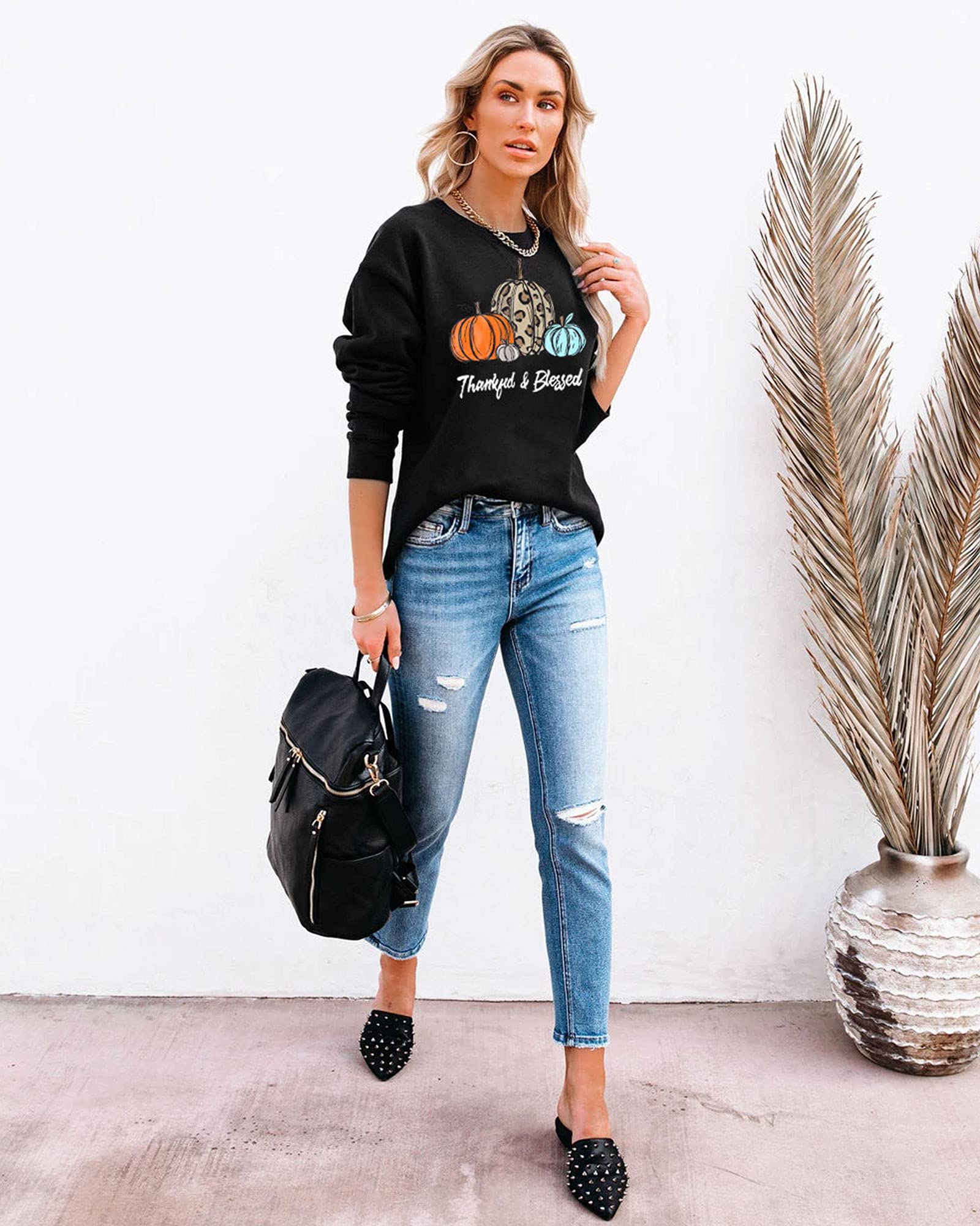 KIDDAD Thankful Blessed Sweatshirt Womens Thanksgiving Shirt Cute Leopard Pumpkin Pullover Shirt Casual Fall Long Sleeve Tops