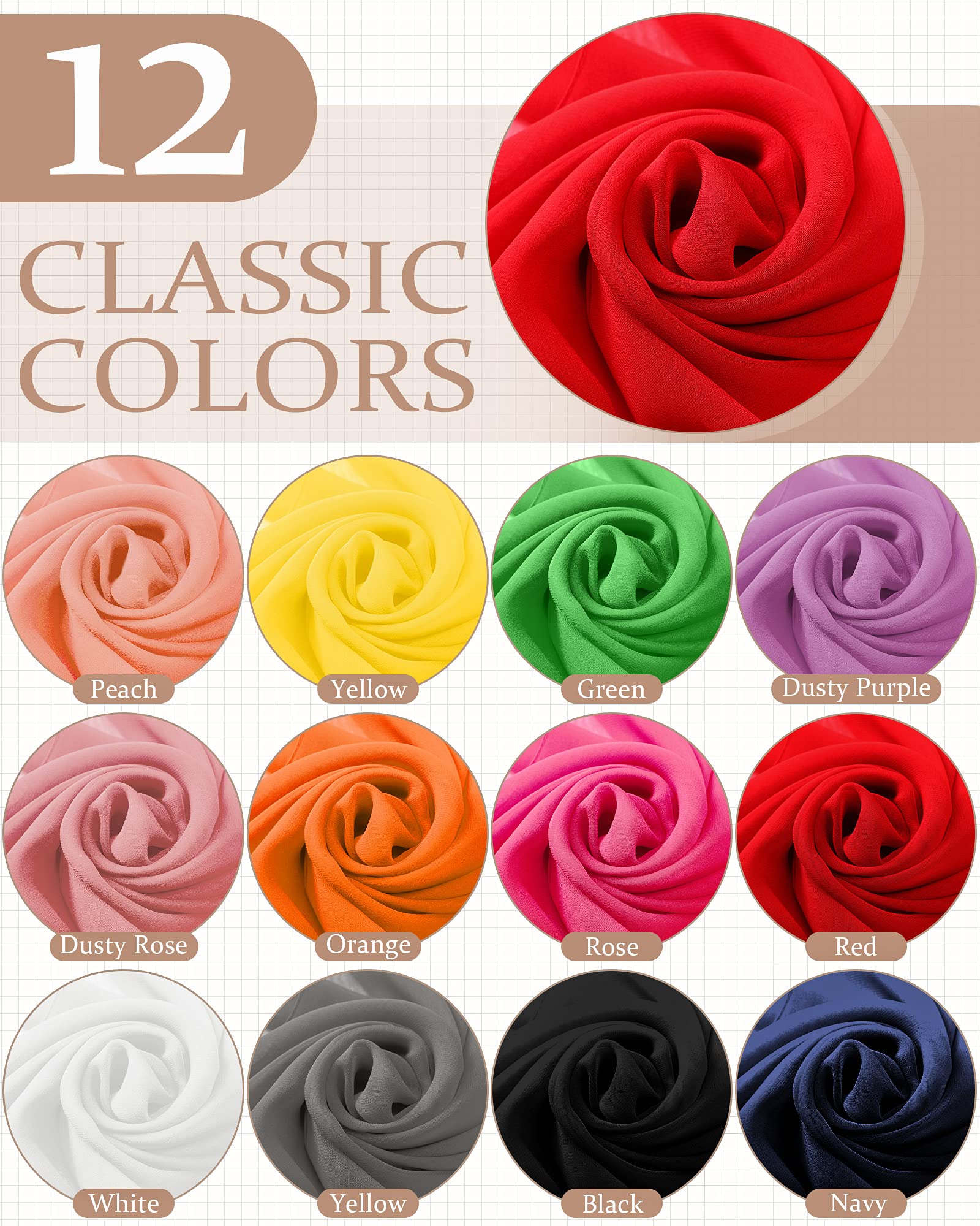 12 Pieces Women Solid Color Chiffon Scarf Fashion Sheer Scarf Soft Breathable Sun-proof Silk Blend Lightweight Accent Scarfs, 20 x 63 Inch Multicoloured