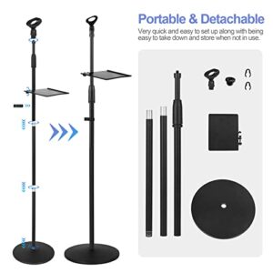 OUKMIC Microphone Stand, Adjustable Karaoke Mic Holder for Singing, Universal Floor Standing Detachable Mike Stand with Weighted Round Base, Cable Clip, Barrel Mic Clip and Tray for Kids Adults