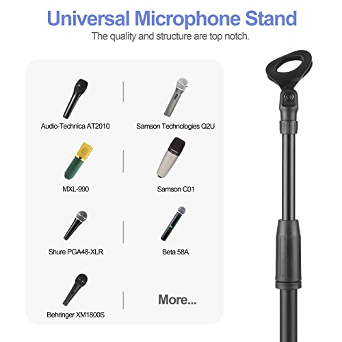 OUKMIC Microphone Stand, Adjustable Karaoke Mic Holder for Singing, Universal Floor Standing Detachable Mike Stand with Weighted Round Base, Cable Clip, Barrel Mic Clip and Tray for Kids Adults