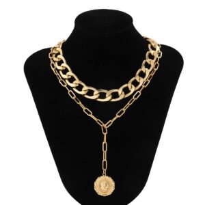 JWICOS Gold Boho Cuban Chunky Necklace Layered Dainty Paperclip with Coin Pendant Choker Chain for Women and Girls (Gold)