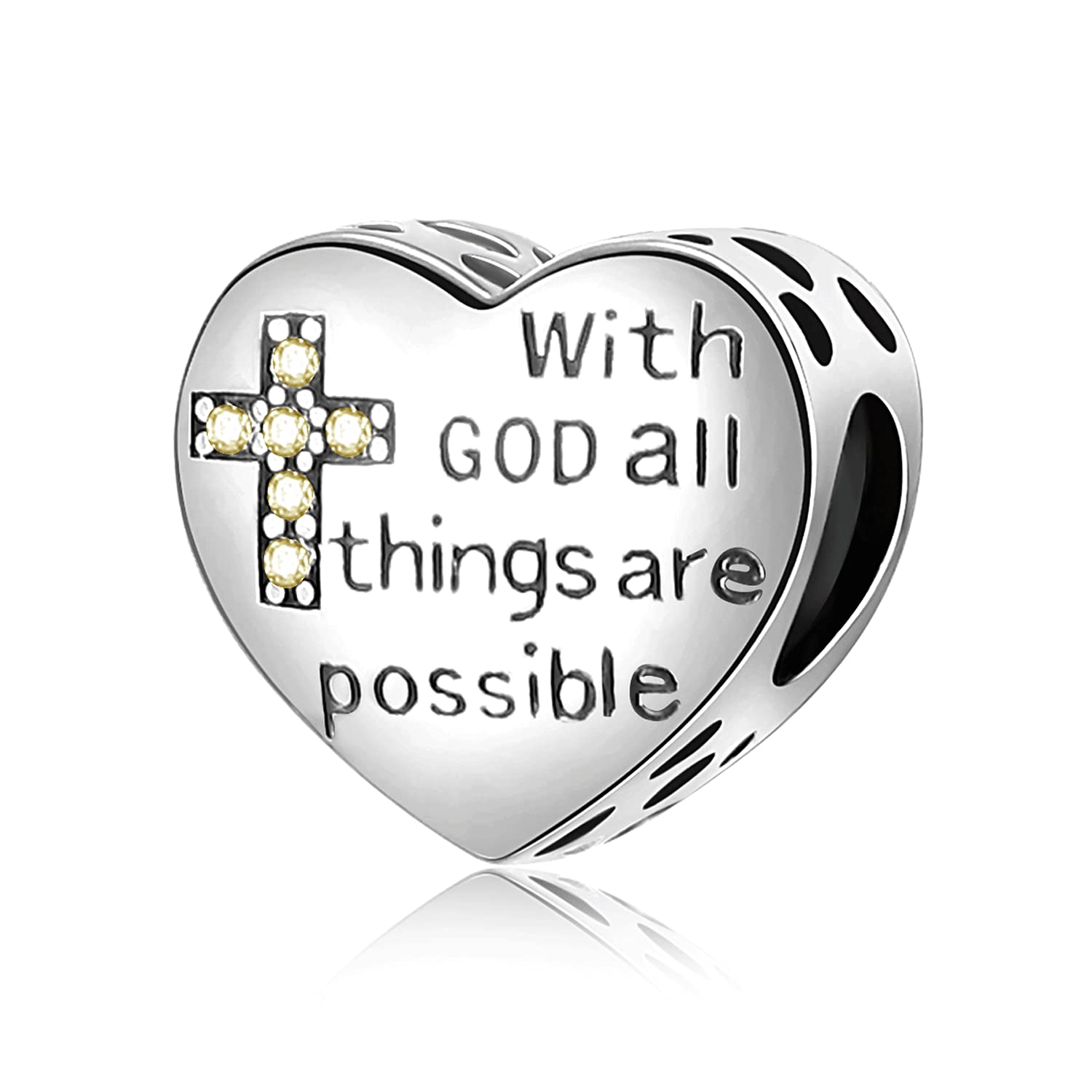 ORANGE FOREST 925 Sterling Silver Cross Charms for Charm Bracelets With God All Things Are Possible Religious Heart Beads Jewelry Gift for Women