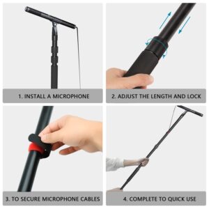 Portable Handheld Boom Pole for Shotgun Mic, 3-Section Extendable Microphone Arm for Filming with 3/8" and 5/8" Threads, 3ft to 8.3ft Adjustable Length