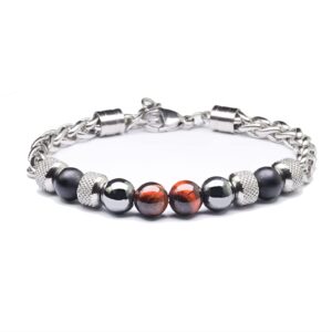 auoy dhof tiger eye bracelet beaded couple bracelet for women and men titanium steel chain adjustable 8 mm (red)