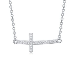 sterling silver diamond cross pendant necklace (1.1cttw), sideways cross choker necklace for women, 16 inches to 18 inches