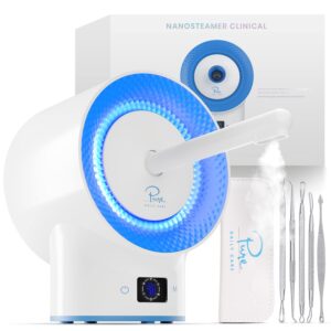 nanosteamer clinical - 10-in-1 smart steam dermatologist grade ionic facial steamer with 2 multi-position steam nozzles - digital lcd screen - extraction set - 6 pre-programmed professional modes