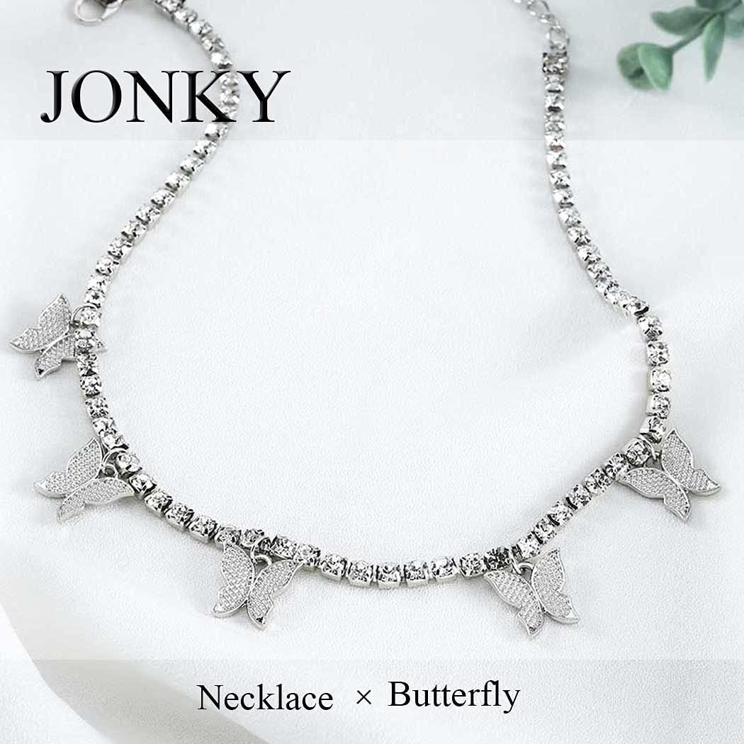 JONKY Rhinestone Choker Necklace Butterfly Pendant Necklaces Chain Sparkly Tennis Necklace Fashion Party Jewelry for Women and Girls (Silver)