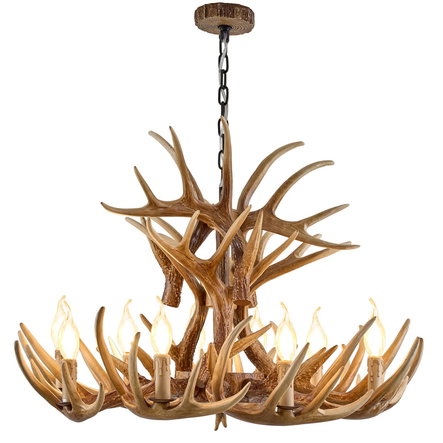 Hubrin Rustic Antler Chandelier 9-Light, Farmhouse Deer Antler Chandelier Lighting, Retro Antler Light Fixtures, Brown E12 for Home Store (9 lamp arms + 6arms)