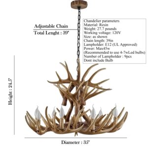 Hubrin Rustic Antler Chandelier 9-Light, Farmhouse Deer Antler Chandelier Lighting, Retro Antler Light Fixtures, Brown E12 for Home Store (9 lamp arms + 6arms)