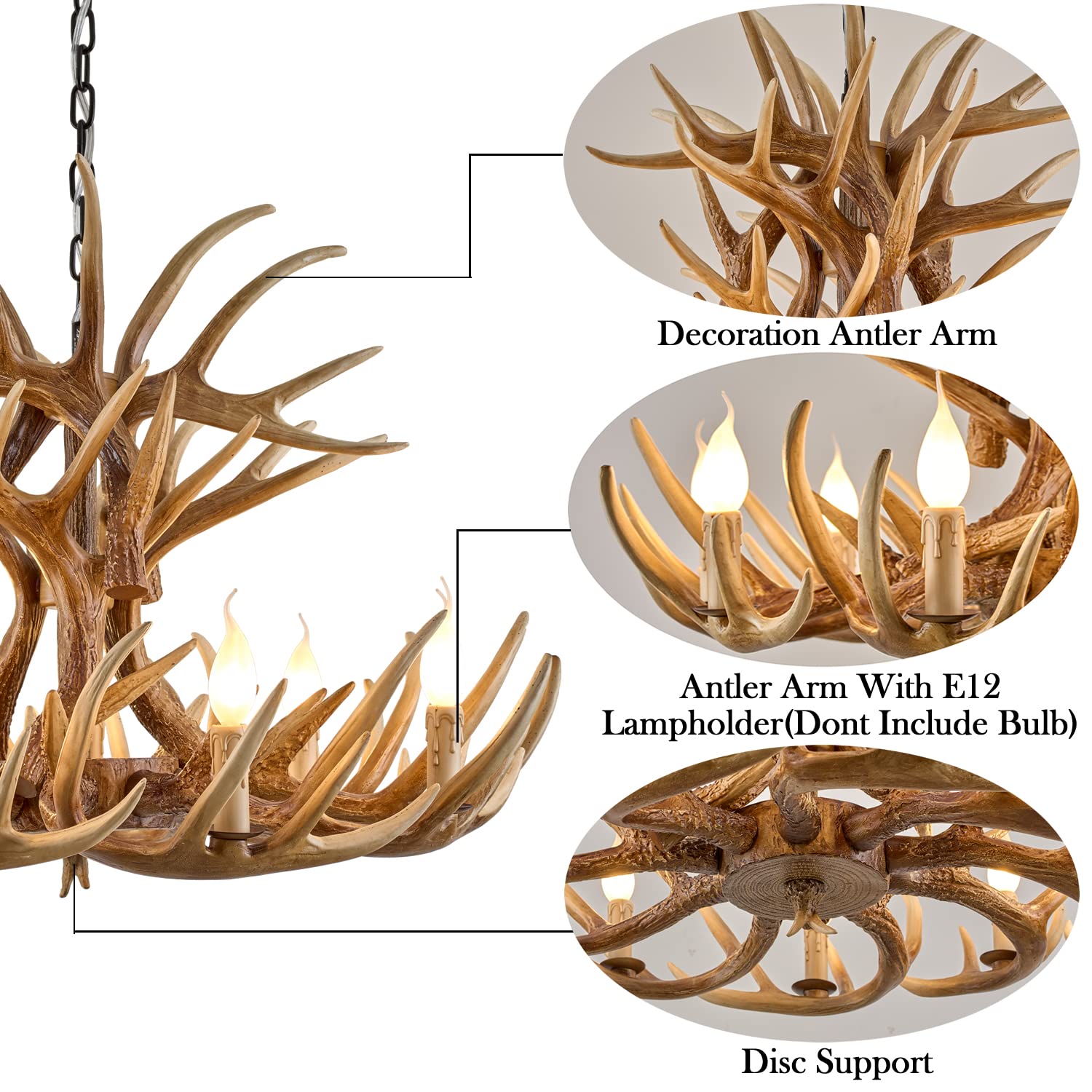 Hubrin Rustic Antler Chandelier 9-Light, Farmhouse Deer Antler Chandelier Lighting, Retro Antler Light Fixtures, Brown E12 for Home Store (9 lamp arms + 6arms)