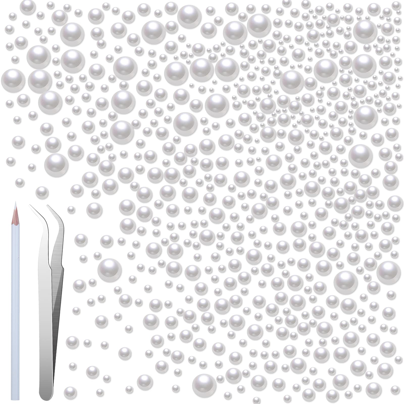 10002 Pieces 8 Sizes Nail Pearls Gems DIY Flatback Pearls, 2mm/2.5mm/3mm/4mm/5mm/6mm/8mm/10mm,Half Round Pearl with Metal Tweezers Nail Art Picker Pencil Pearls for Crafts DIY Making Supplies (White)