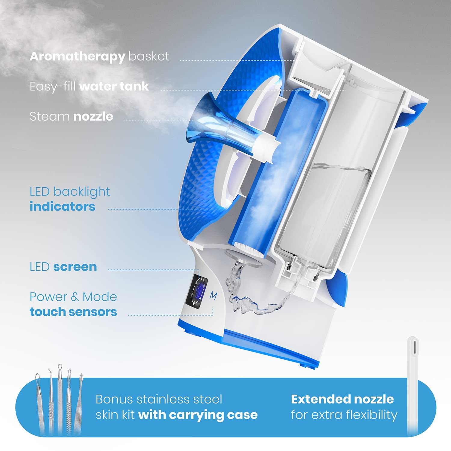 NanoSteamer Clinical - 10-in-1 Smart Steam Dermatologist Grade Ionic Facial Steamer with 2 Multi-Position Steam Nozzles - Digital LCD Screen - Extraction Set - 6 Pre-Programmed Professional Modes